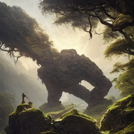 Prompt: The ancient unbelievably massive corpse of a fallen stone titan within a deep and lush valley, Greg Rutkowski WLOP, dramatic lighting, view for miles, lens flare, perspective, landscape, beautiful lighting, stone colossus remains