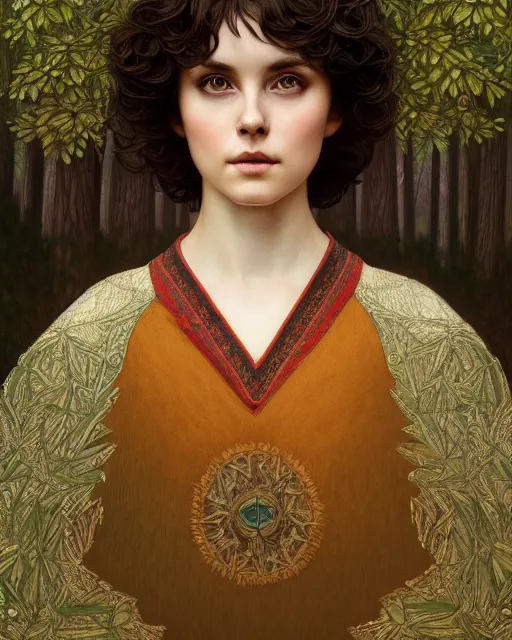 Image similar to symmetry portrait of welsh brunette student in mans tunic, embroidery, tomboy, short hair, intricate forest background, intricate, elegant, highly detailed, digital painting, artstation, concept art, smooth, sharp focus, illustration, art by artgerm and greg rutkowski and fra angelico and alphons mucha