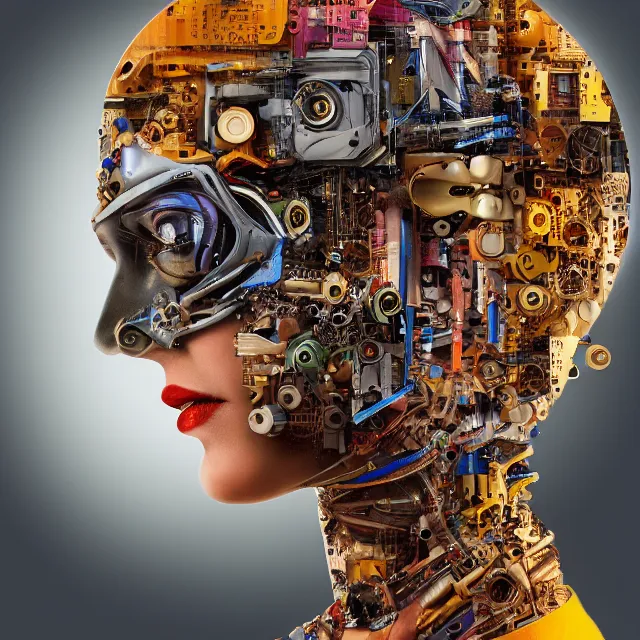 Image similar to profile portrait of a woman, computer parts, mechanical parts, by giuseppe arcimboldo, cyberpunk, futuristic, psychedelic, surreal, sci - fi, dreamlike.