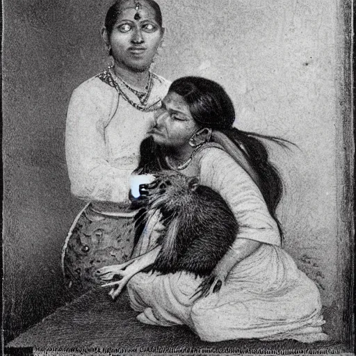 Prompt: a photograph of a rat sitting on the head of a beautiful Nordic-Indian woman. long shot, micro-details.