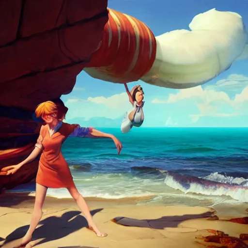 Image similar to emma stone surprised to see flying big italian sausages by concept artist gervasio canda, behance hd by jesper ejsing, by rhads, makoto shinkai and lois van baarle, ilya kuvshinov, rossdraws global illumination radiating a glowing aura global illumination ray tracing hdr render in unreal engine 5