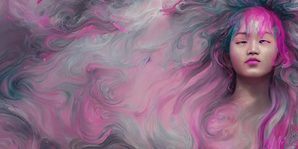 Prompt: a portrait of a very beautiful young asian goddess with pink and grey hair radiating an artwork made of swirling paint and impasto by wlop and ian mcque, background is multicoloured volumetric displacement, hyperrealism, subsurface scattering, arnold render, noise to volume, 8 k, houdini, xparticles