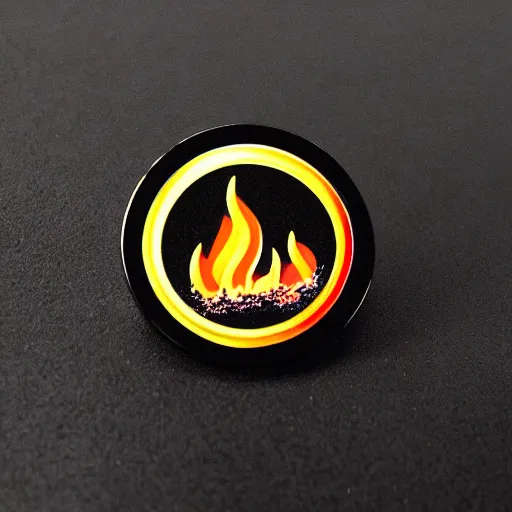 Prompt: an award - winning photo of minimalistic clean fire flames warning label enamel pin, beautiful cinematic light, behance