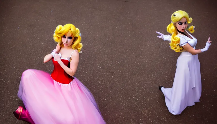 Prompt: amazing cosplay of princess peach from mario, symmetrical, cinematic, elegant, luxury, real photography, 4 k, ultra hd, cosplay journal cover