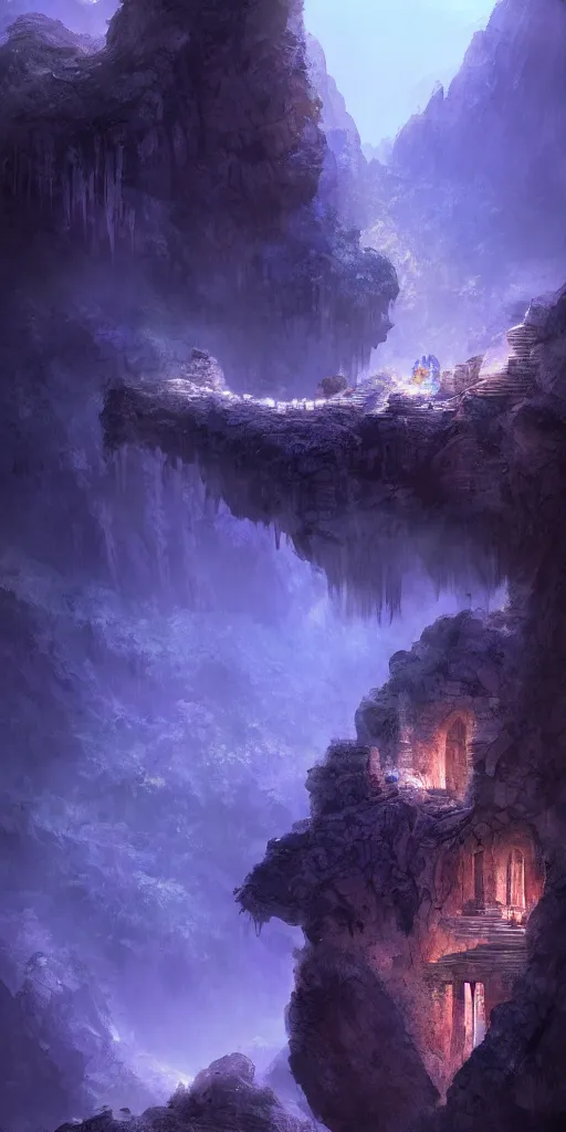 Image similar to Gorge in the mountain, white stone temple ruins, night dramatic lighting, blue and purple tones, wide camera angle, matte painting, trending on ArtStation, concept art, delightful surroundings, high detail