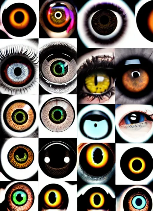 Image similar to macro human eyes!, black centered dot pupil, circle iris ring, happy smiling human eyes, round iris textures, eyelashes, tired half closed, advanced art, art styles mix, from wikipedia, wet eye relections, hd macro photograph, montage of grid shapes