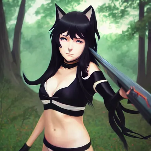 Prompt: realistic render of blake belladonna from rwby by ross draws, forest background by ilya kuvshinov, digital anime art by ross tran, composition by sana takeda, lighting by greg rutkowski