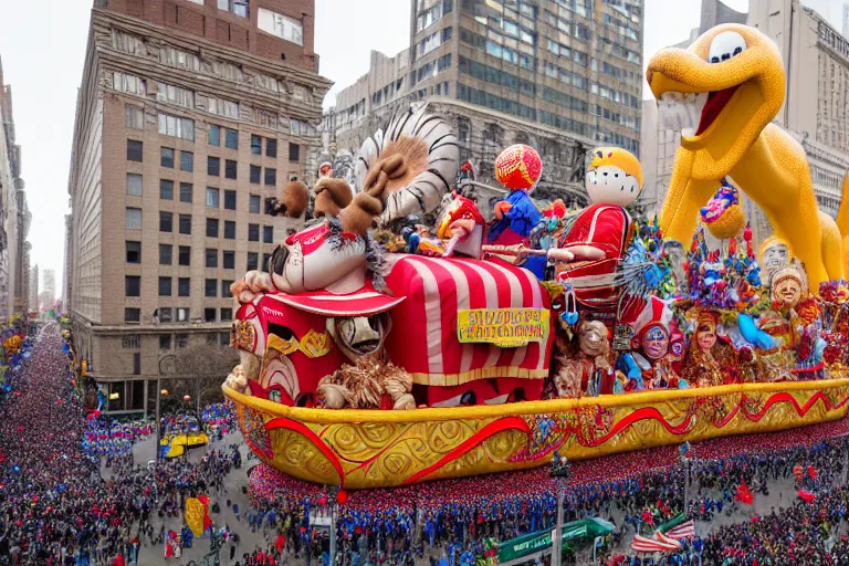 Prompt: photo of giant beautiful elaborate parade float designed by geoff darrow and wes anderson, in the macys parade, detailed 4 k photo