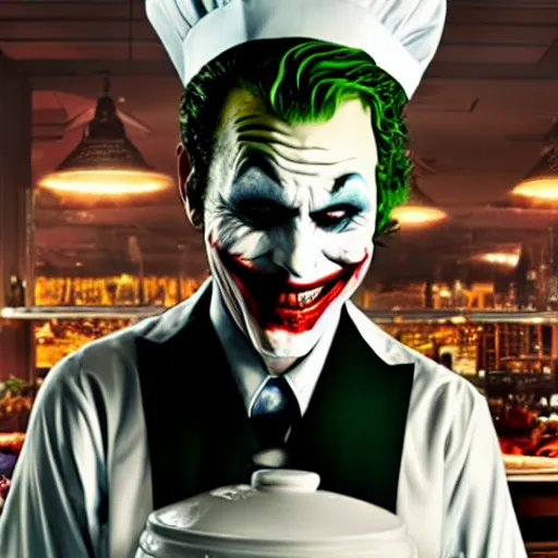 Prompt: cinematic shot of the joker wearing a chef's hat and a white shirt, 8 k, very intricate, very detailed,