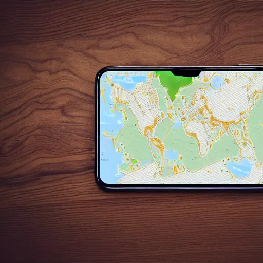 Prompt: phone ui displaying an online map, on a table