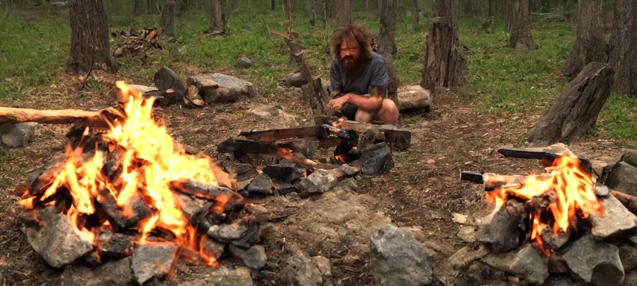 Prompt: Caveman building a fire, photorealistic.