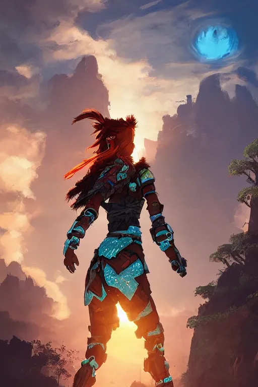 Image similar to combination suit armor aloy horizon forbidden west horizon zero dawn radiating a glowing aura global illumination ray tracing hdr fanart arstation by ian pesty and alena aenami artworks in 4 k tribal robot ninja mask helmet backpack