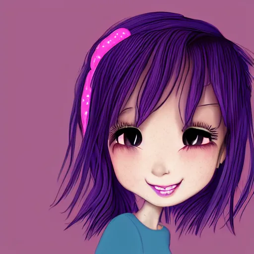 Image similar to girl with short wavy pink-purple hair with bangs, wears a black headband, has long eyelashes with dark eyes and smiling faintly, wears a long-sleeved blue blouse with frills, a long pink flare-skirt. looking sideways. Dark Digital art