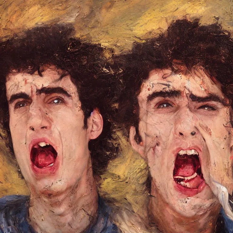 Image similar to warmly lit close up studio portrait of young angry! teenage Cosmo Kramer angrily singing, impasto oil painting thick brushstrokes by Cy Twombly and Anselm Kiefer , trending on artstation dramatic lighting Expressionism