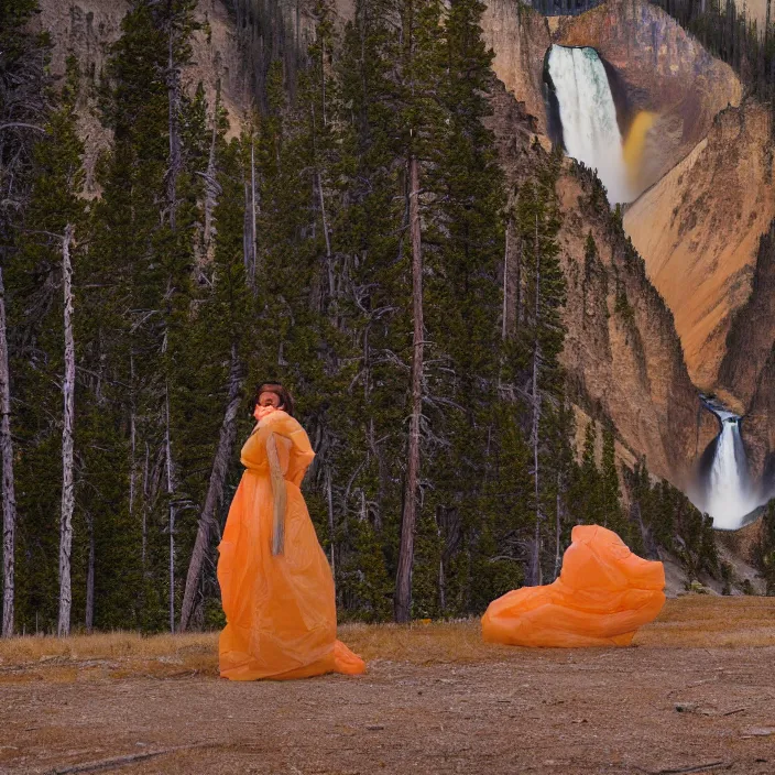 Image similar to a color photograph, closeup portrait of a woman wrapped in plastic, in grand yellowstone national park in wyoming, color photograph, by vincent desiderio, canon eos c 3 0 0, ƒ 1. 8, 3 5 mm, 8 k, medium - format print