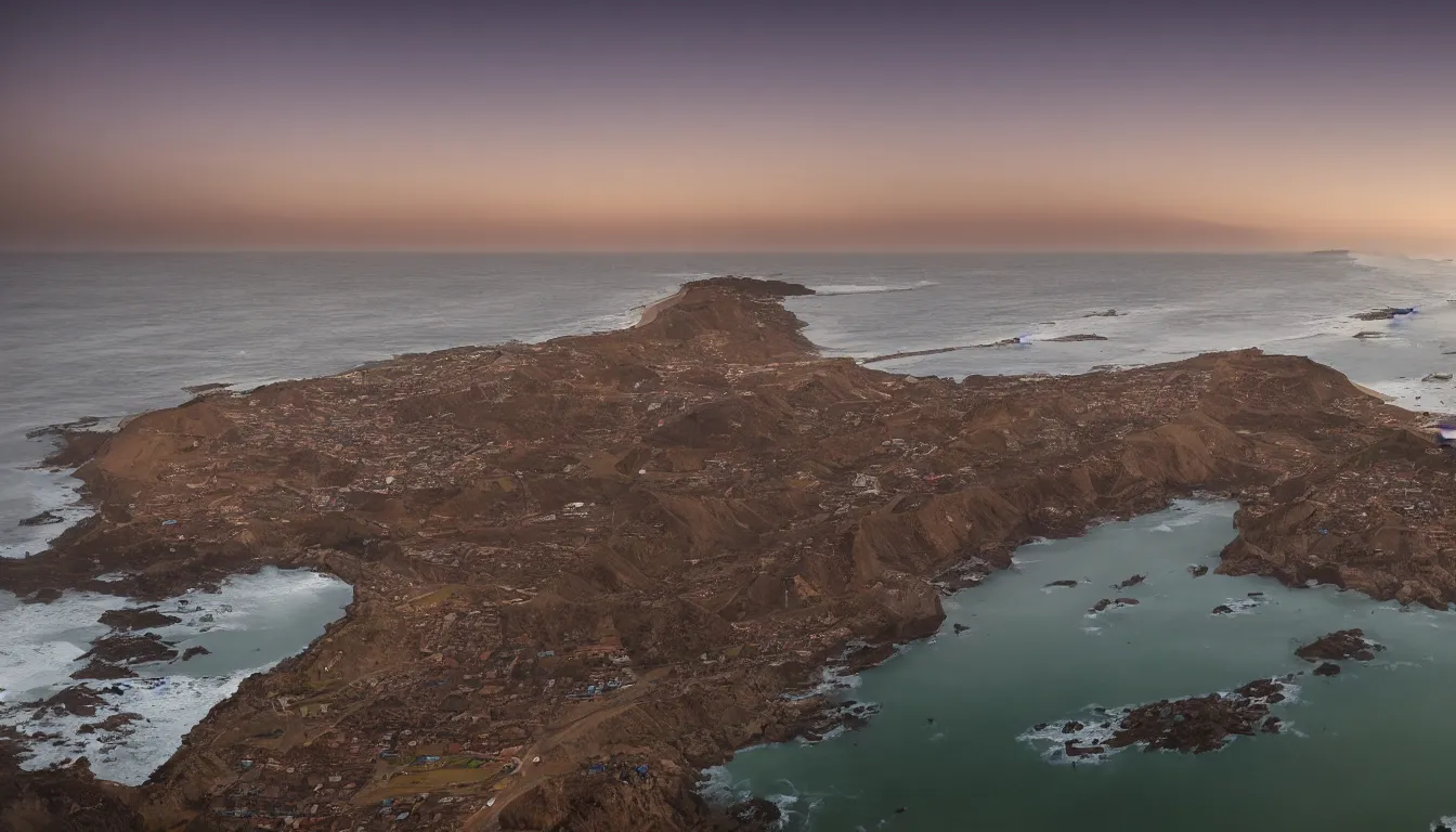 Image similar to coast of Lima, Peru at dusk with a Milky Way sky photographed in 4K, photorealistic