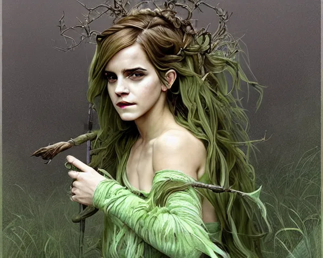 Image similar to mindblowing portrait of emma watson as a swamp witch, green colored skin, green hair, holding a caduceus staff, messy hair, deep focus, d & d, fantasy, intricate, elegant, highly detailed, digital painting, artstation, concept art, matte, sharp, illustration, hearthstone, art by artgerm and greg rutkowski and alphonse mucha