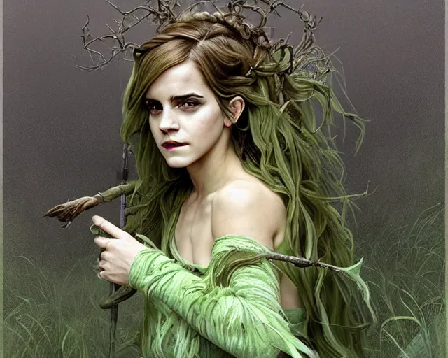 Prompt: mindblowing portrait of emma watson as a swamp witch, green colored skin, green hair, holding a caduceus staff, messy hair, deep focus, d & d, fantasy, intricate, elegant, highly detailed, digital painting, artstation, concept art, matte, sharp, illustration, hearthstone, art by artgerm and greg rutkowski and alphonse mucha