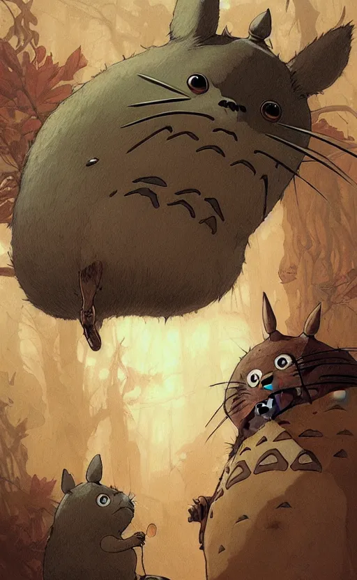 Prompt: a detailed portrait of totoro but with human skin, concept art, deep focus, fantasy, intricate, highly detailed, digital painting, artstation, matte, sharp focus, illustration, art by greg rutkowski and alphonse mucha