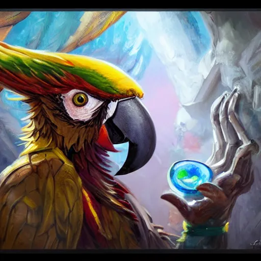 Image similar to Magic the gathering artwork of Anthropomorphized parrot trader in his shop, shelves full, selling a gem, portrait, items, magic potions, carpet, window, fancy funny hat, sly expression , cunning expression, cute expression, presenting magic gem, D&D, fantasy, cinematic lighting, highly detailed, digital painting, artstation, concept art, smooth, sharp focus, illustration, warm light, cozy warm tint, magic the gathering artwork, volumetric lighting, 8k, no gold, no gold colours, art by Akihiko Yoshida and Greg Rutkowski