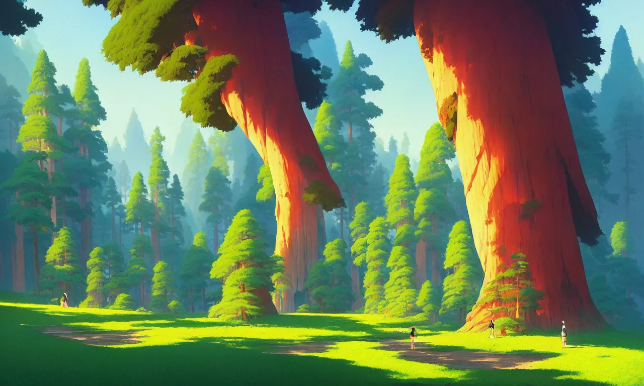 Prompt: Sequoia park in a colorful moutain with beautiful trees , no people, morning, by studio ghibli painting, superior quality, masterpiece, traditional Japanese colors, by Grzegorz Rutkowski, concept art