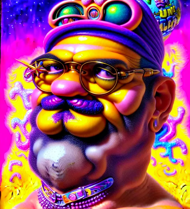 Image similar to lisa frank pattern fantasy character portrait of wario from mario brothers, ultra realistic, wide angle, intricate details, blade runner artifacts, highly detailed by peter mohrbacher, wayne barlowe, boris vallejo, hajime sorayama aaron horkey, gaston bussiere, craig mullins