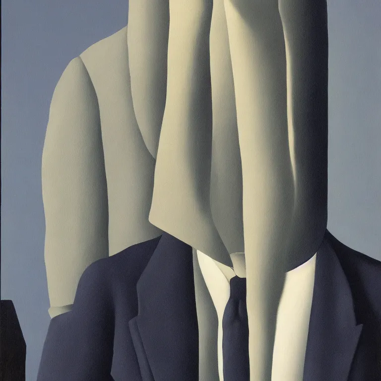 Image similar to portrait of a ghost in a suit, by rene magritte, detailed painting, hd, hq, high resolution, high detail, 4 k, 8 k