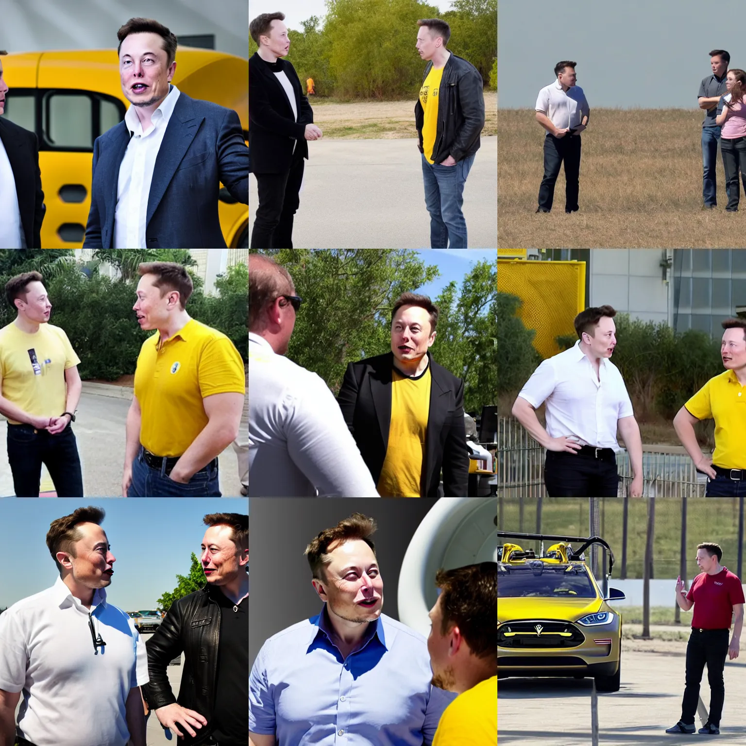 Prompt: elon musk, on a rocket!, talking to person in yellow shirt
