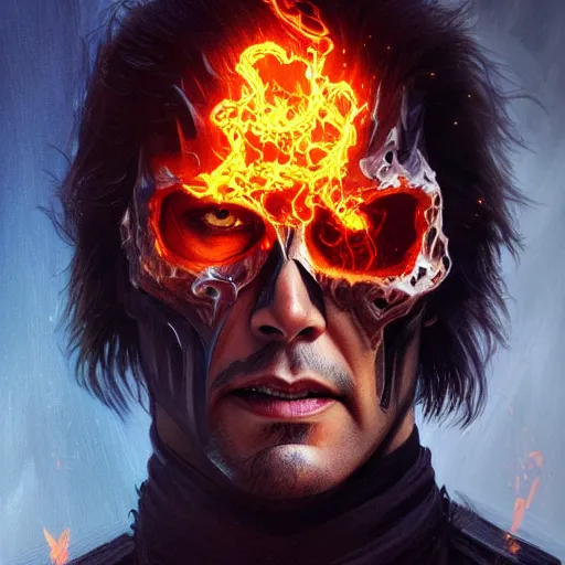 Image similar to handsome Keanu Reeves as Ghost Rider, western, closeup, D&D, fantasy, intricate, elegant, highly detailed, digital painting, artstation, concept art, matte, sharp focus, illustration, art by Artgerm and Greg Rutkowski and Alphonse Mucha