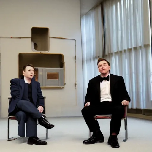 Prompt: alan turing sitting next to elon musk alan turing is with elon musk