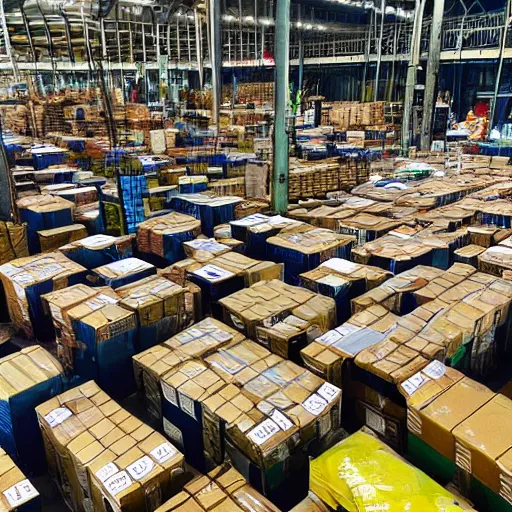 Prompt: a bunch of amazon packages stacked in the middle of the amazon rainforest