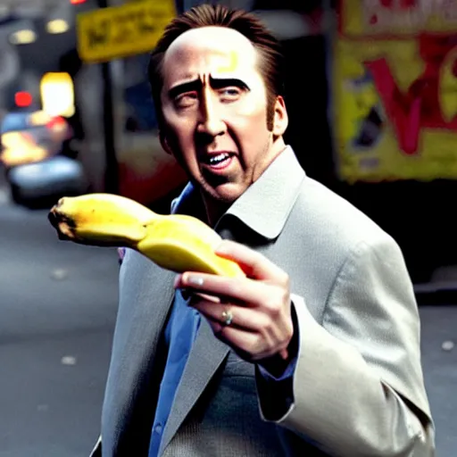 Image similar to uhd candid photo of nicholas cage, down on his luck, ranting maniacally on skid row while wielding a banana. correct face, intricate details, hyperdetailed, accurate face. photo by annie leibowitz