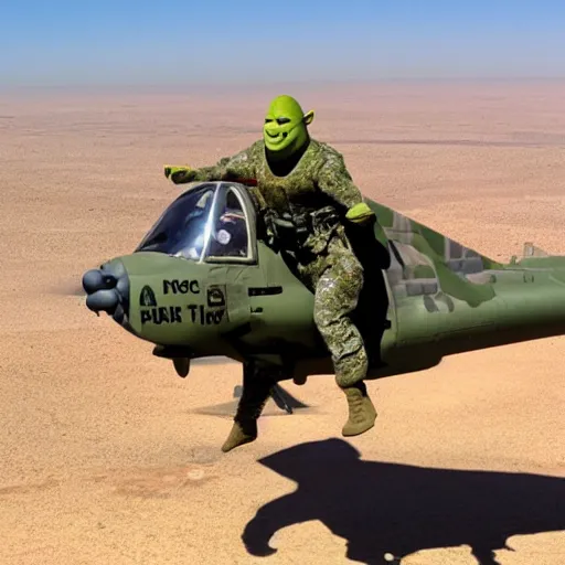 Image similar to shrek jumps out of a military aircraft in camo uniform into the desert with a parachute