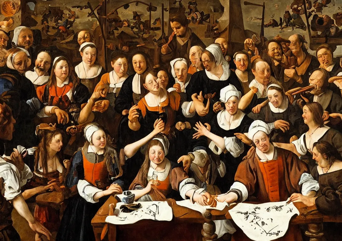 Prompt: Jan Steen. Magnificent woman in the center staring at us.