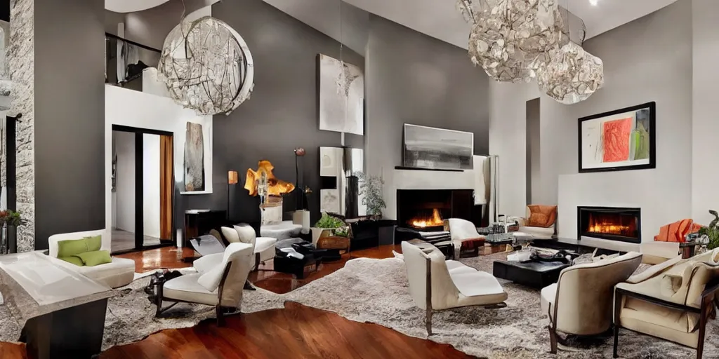 Image similar to a modern living room with dark wood floors and muted colored walls, adjacent hallways, and a wall sized 6 0's hollywood fireplace, low hanging art deco chandeliers.