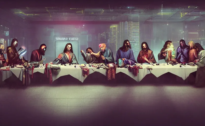 Image similar to the last supper cyberpunk style shot atmospheric