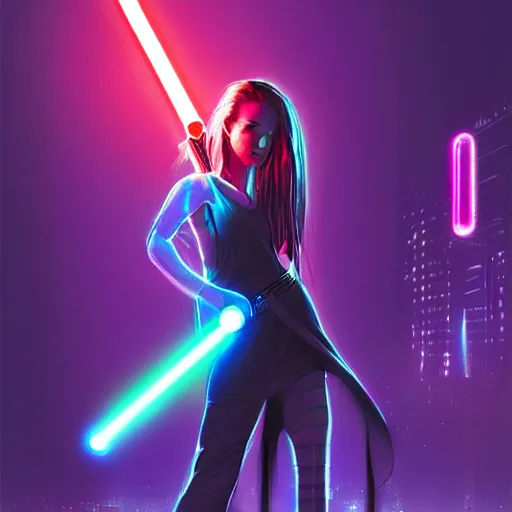 Prompt: a girl holding a lightsaber in a neon cyberpunk city at night, art station, digital art, cinematic, artgerm