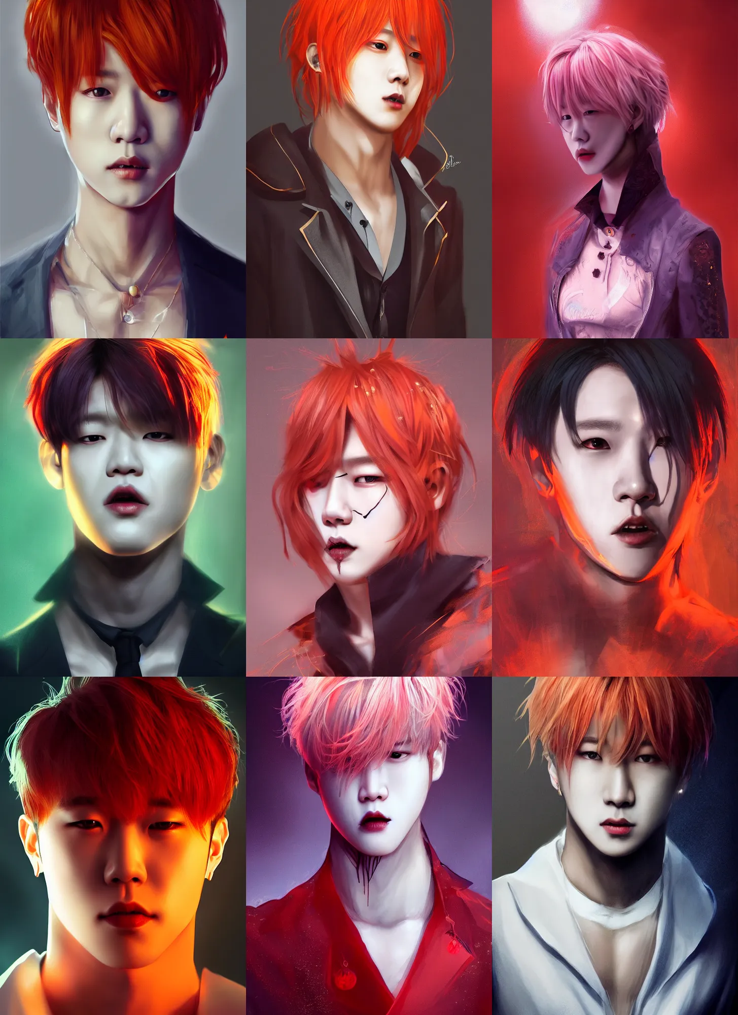 Image similar to park jimin as a vampire. wearing intricate styled outfit, semi realism, anime realism, symmetrical face, slim face, appealing, photorealism, uhd, amazing depth, glowing, golden ratio, sakimichan, greg rutowski, volumetric lighting, cinematic lighting, red orange lighting, artstation concept art