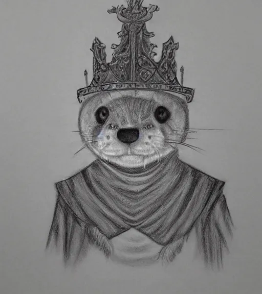 Image similar to master furry artist pastel pencil drawing full body portrait character study of the anthro male anthropomorphic otter fursona animal person wearing crown and cape royal western king regal intricate ornate