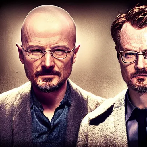 Image similar to Hideo Kojima and Christopher Nolan as Jesse Pinkman and Walter White, matte paint, portrait, very coherent, airbrush