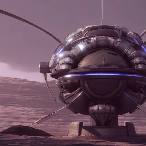 Image similar to super wide angle cinematic shot of alien sphere spacecraft, unreal engine