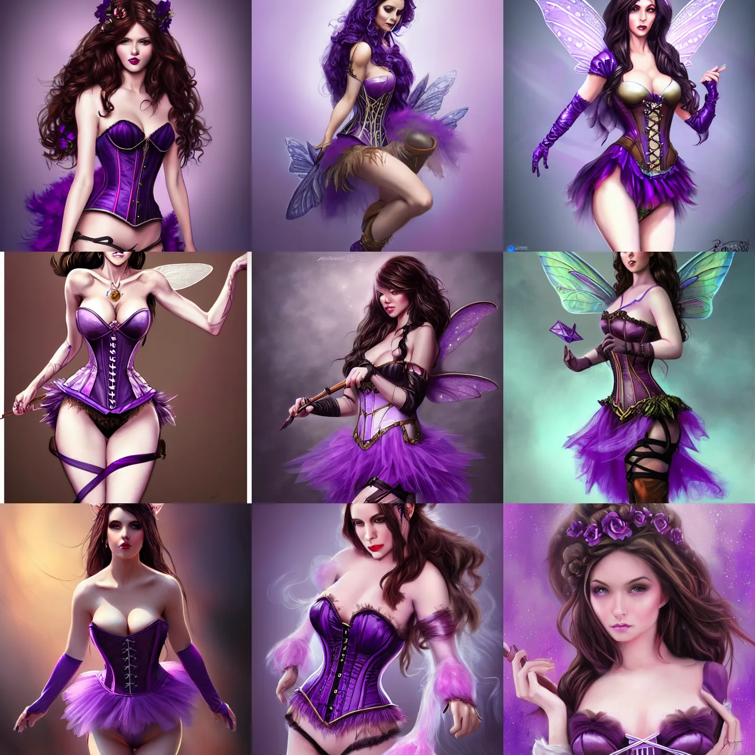 Prompt: brunette fairy woman, wearing purple corset and tutu, d & d, fantasy, highly detailed, digital painting, trending on artstation, concept art, sharp focus, illustration, art by artgerm and rosstran