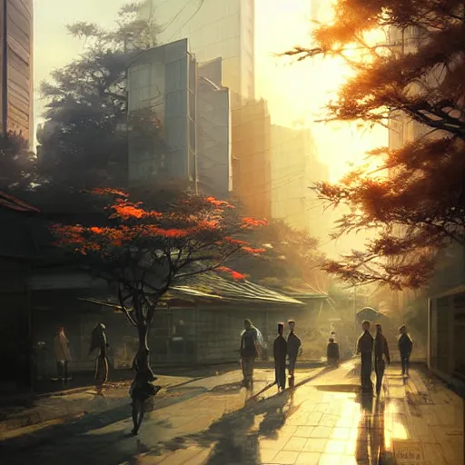 Image similar to evening tokyo walk in tachikawa. volumetric lighting, spring early morning, dew, nice weather, realistic illustration, perfectly shaded, soft painting, art by krenz cushart and wenjun lin