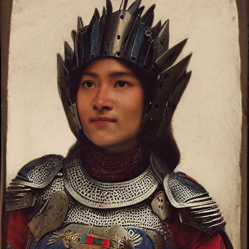 Prompt: head and shoulders portrait of a female knight, quechua!, lorica segmentata, cuirass, tonalist, symbolist, realistic, ambrotype, baroque, detailed, modeled lighting, vignetting, indigo and venetian red, angular, smiling, eagle