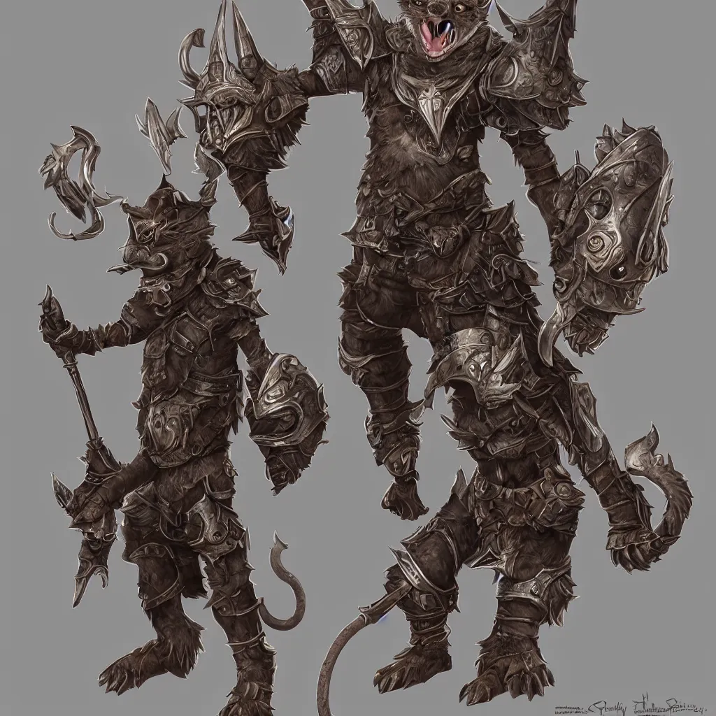 Image similar to a full body shot of an anthro furry rat wearing a fantasy armor, fantasy, artstation, furry art, furaffinity, deviantart, symmetrical, highly detailed, award winning, trending