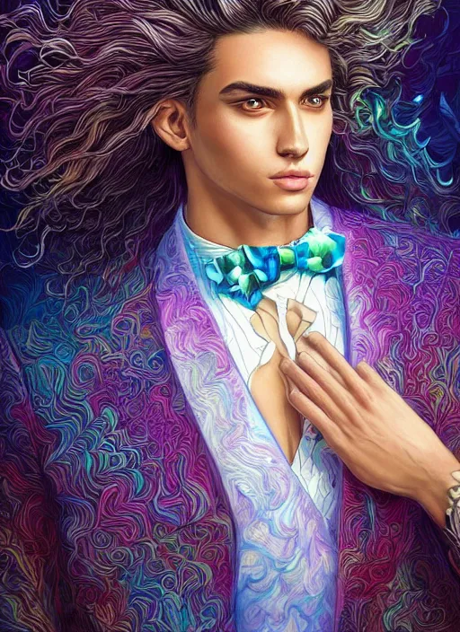 Image similar to magical, beautiful young man, wavy flowing hair, extremely detailed gorgeous face, sad eyes, tears, slim athletic body and attractive face, vaporwave aesthetic, synthwave, luxurious white suit, colorful, psychedelic, intricate, elegant, highly detailed, digital painting, artstation, concept art, smooth, sharp focus, illustration, art by artgerm and greg rutkowski and alphonse mucha