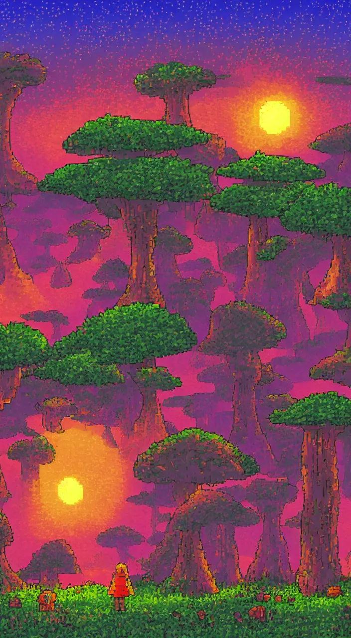 Prompt: a dreamy sunset in the giant mushrooms forest in pixelart style, highly detailed