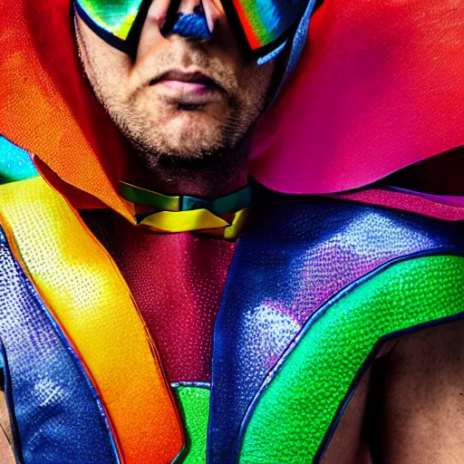 Prompt: a detailed portrait photo of a rainbow themed super hero