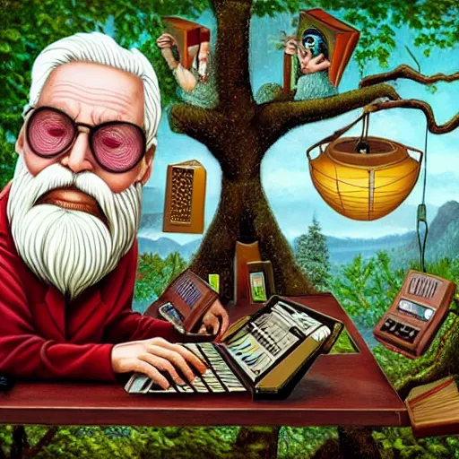 Image similar to old man white beard playing a synthesizer in a tree house, notes and clefs listening , lowbrow surrealistic, in the style of Mark Ryden,