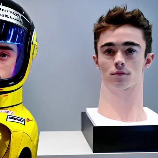 Image similar to f 1 driver charles leclerc, on display, posing like a statue, showing off his muscles, humanoid robot, who is a male android, shiny skin, made of ice, frozen ice statue, by the pool, a realistic detailed photo of a guy who is an attractive humanoid who is half robot and half humanoid, blank stare